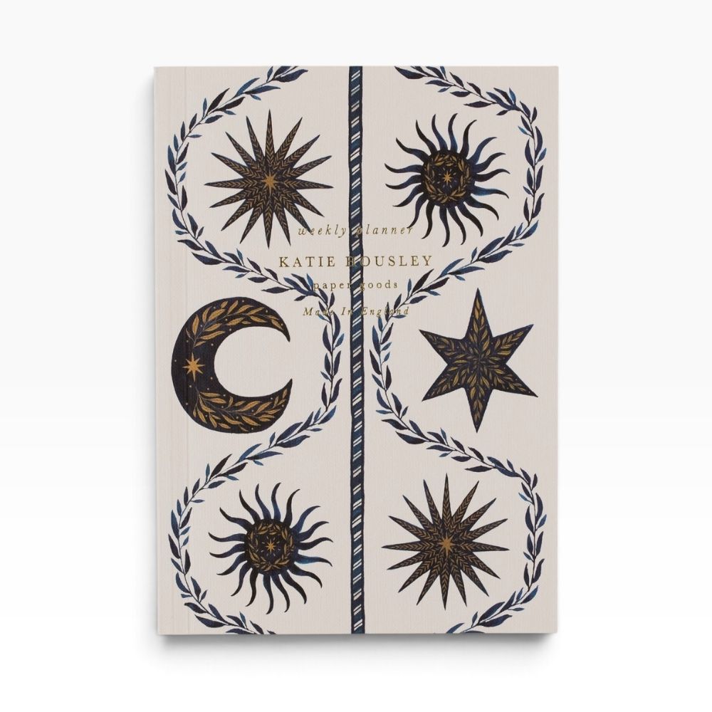 Katie Housley Celestial Moon A5 weekly planner with an embossed cover and gold foil detailing