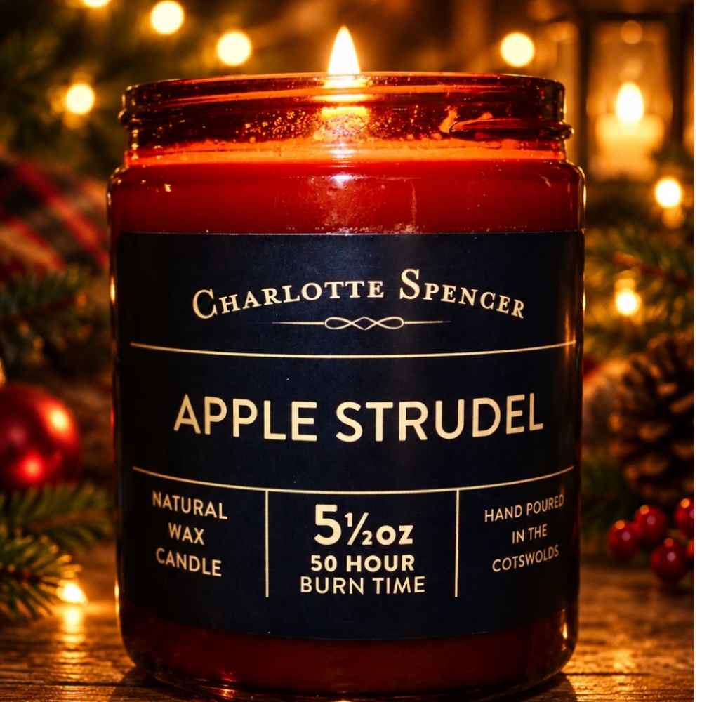 Charlotte Spencer Apple Strudel Christmas candle in amber jar in a Christmas setting with fairy lights and Christmas styling.