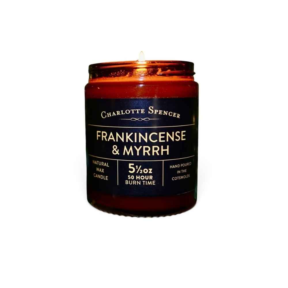 Frankincense and myrrh 50 hour burn candle in amber glass jar