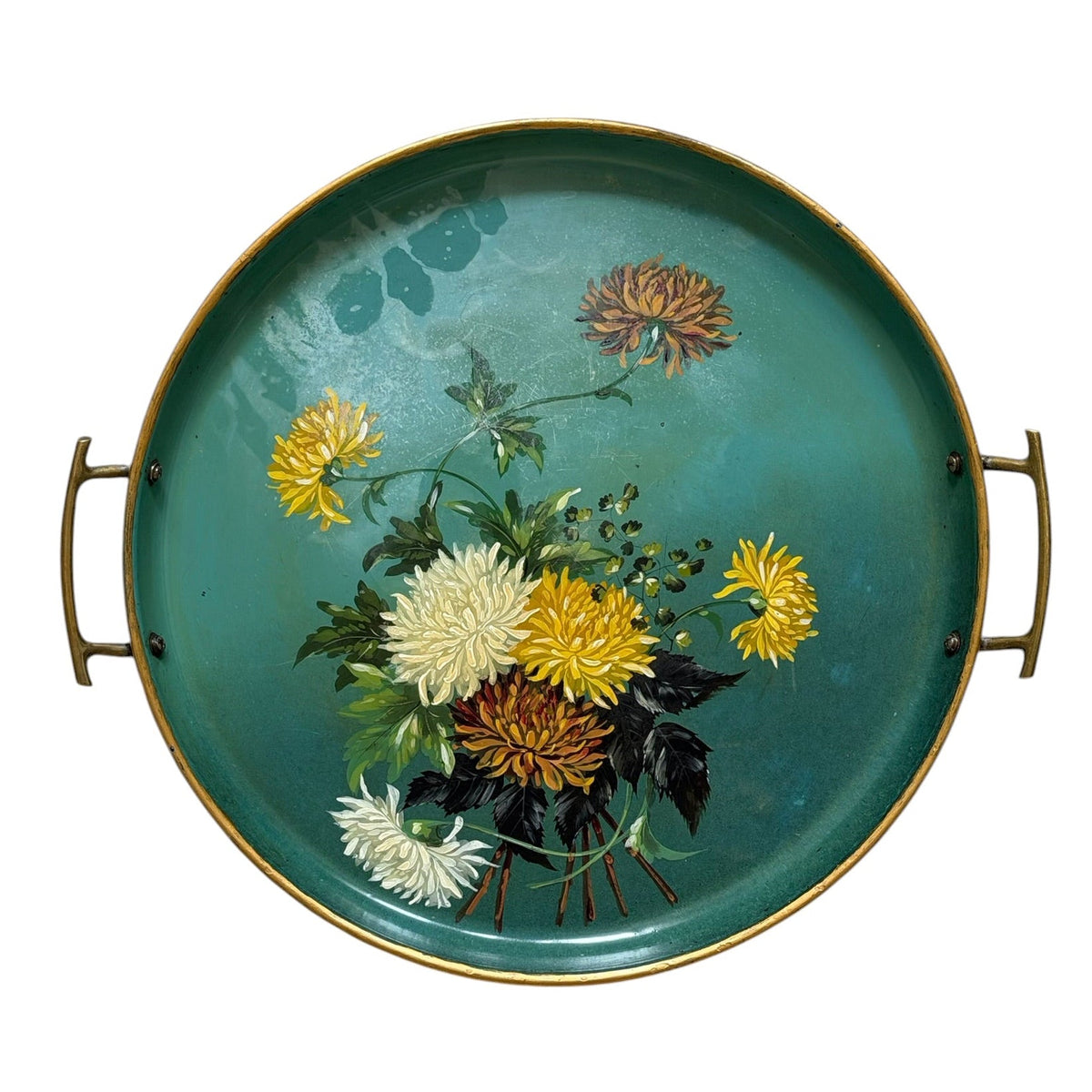 Metal tray hand-painted with chrysanthemums - 46cm diameter - Florrie
