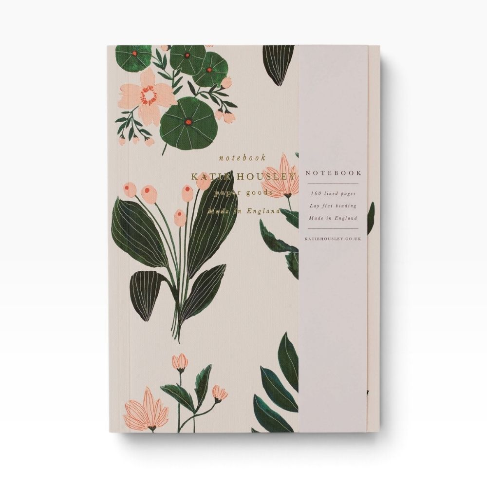 Katie Housley Pink Botanical A5 lined journal with illustrated pink flowers