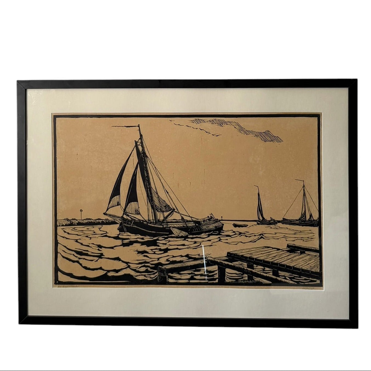 A sailing boat print in a vintage black frame with cream mount - Florrie